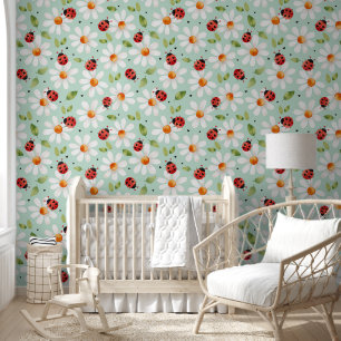 Ladybug Daisy Nursery Kids Bedroom Mint Wallpaper