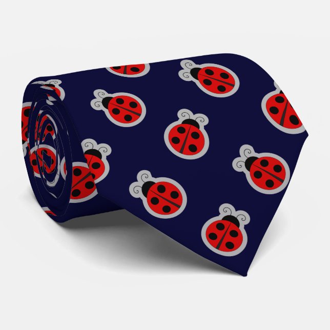 Ladybug Dark Navy Blue Background Tie (Rolled)