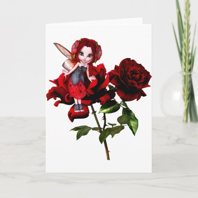 Ladybug Fairy on Red Roses Card (Front)