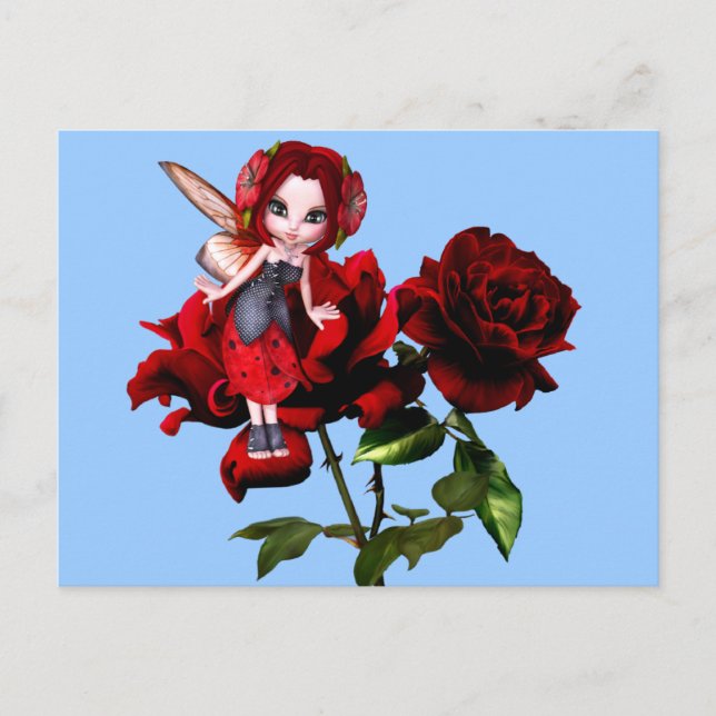 Ladybug Fairy on Red Roses Postcard (Front)