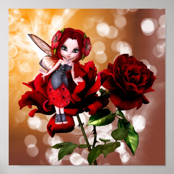 Ladybug Fairy on Red Roses Print