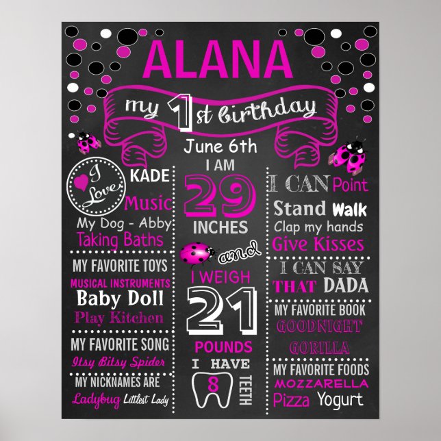 LadyBug First Birthday chalkboard sign poster (Front)