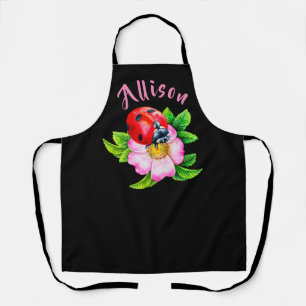 Ladybug Floral Black Women's Name Apron