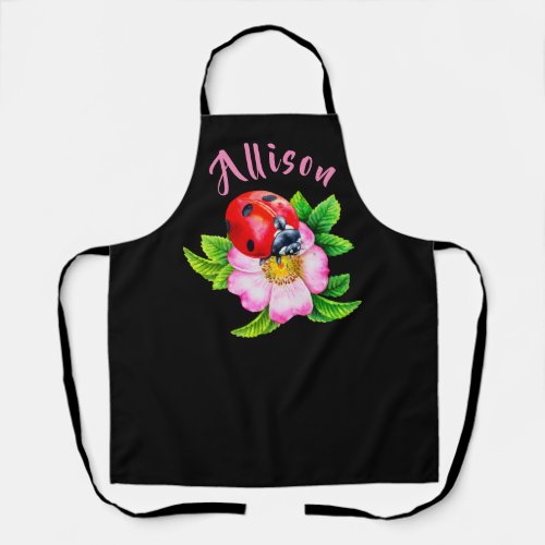 Ladybug Floral Black Womens Name Apron