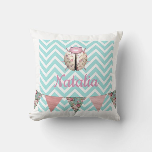Ladybug floral bunting chevron pink blue white throw pillow (Front)