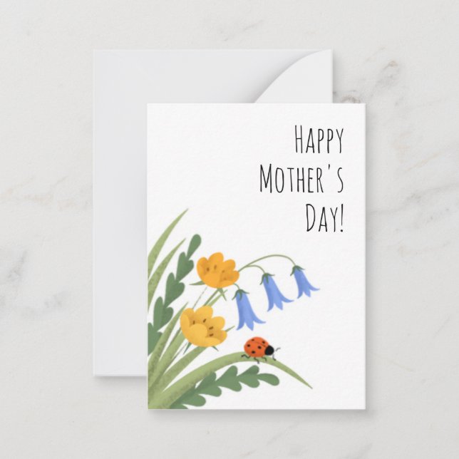 Ladybug Floral Buttercup Bluebells Mother's Day Note Card (Front)
