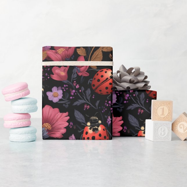 Ladybug Floral Pattern Wrapping Paper (Baby Shower)