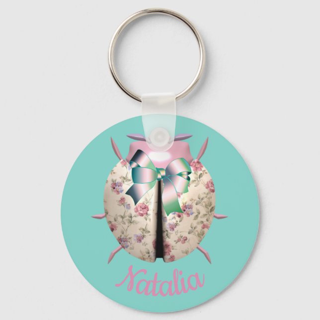 Ladybug floral roses and violets cute pink teal keychain (Front)