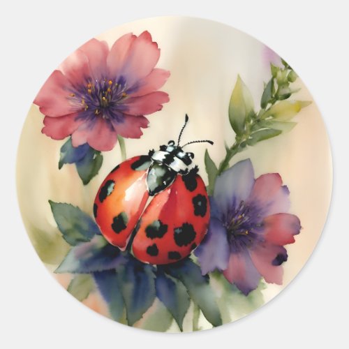 Ladybug Floral Watercolor Art  Classic Round Sticker