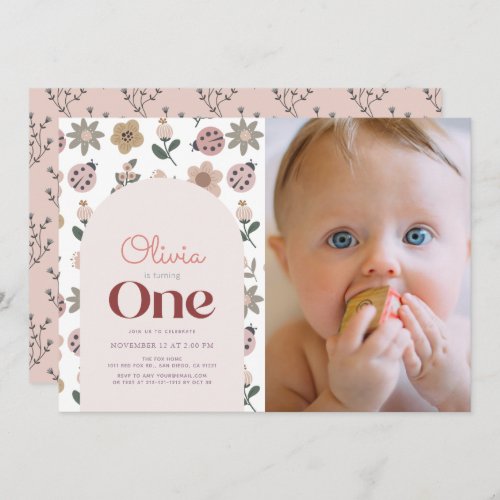 Ladybug  Flower Arch 1st Birthday Photo Invitation