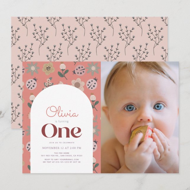 Ladybug & Flower Arch Pink 1st Birthday Photo Invitation (Front/Back)