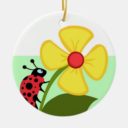 Ladybug Flower Ceramic Ornament