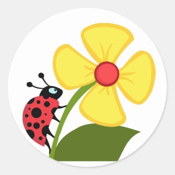 Ladybug Flower  Classic Round Sticker by bonfireanimals at Zazzle
