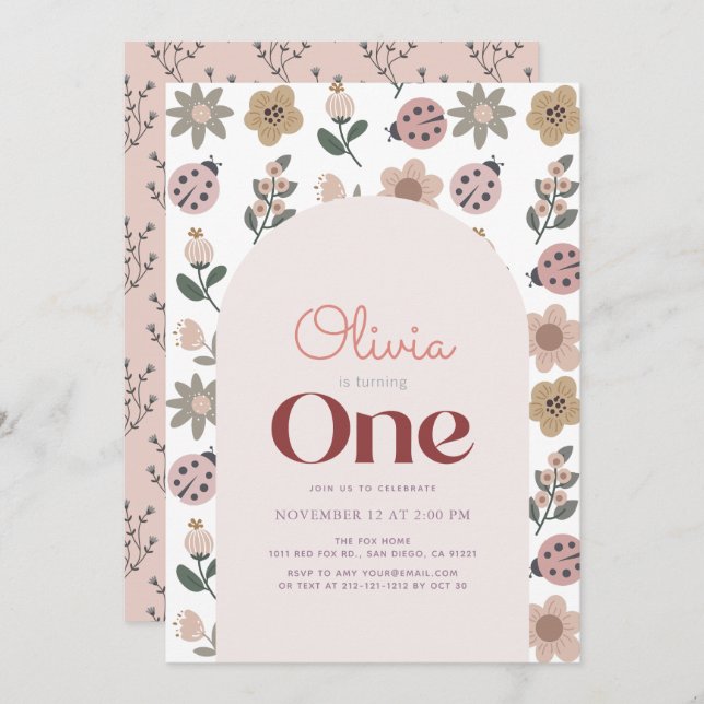 Ladybug & Flower Pattern Arch 1st Birthday Invitation (Front/Back)