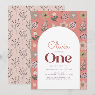 Ladybug & Flower Pattern Arch Pink 1st Birthday Invitation