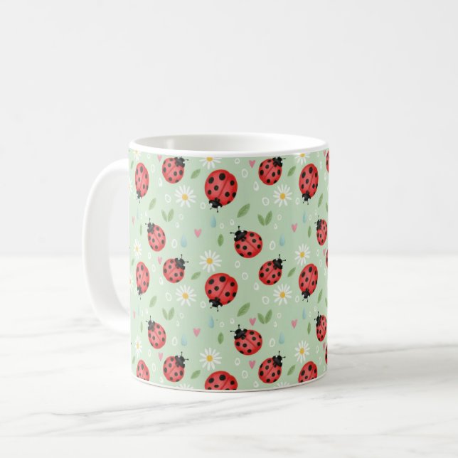 Ladybug Flower Pattern Coffee Mug (Front Left)