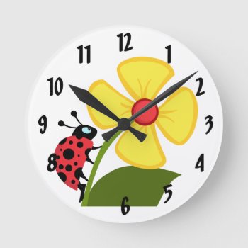 Ladybug Flower  Round Clock by bonfireanimals at Zazzle