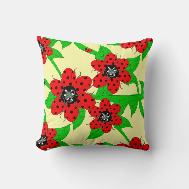 Ladybug Flowers Throw Pillow (Front)