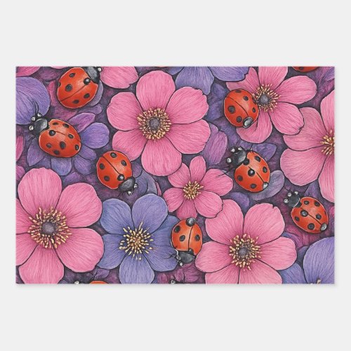 Ladybug Flowers Wrapping Paper Sheets