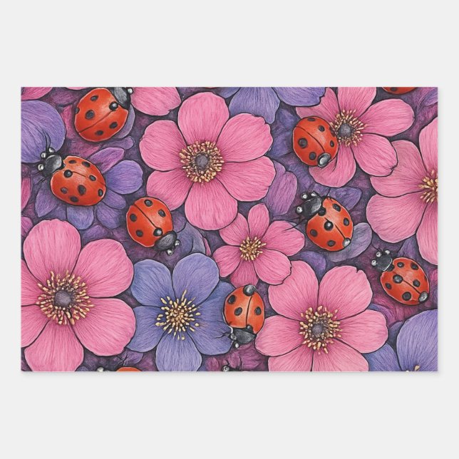 Ladybug Flowers Wrapping Paper Sheets (Front)