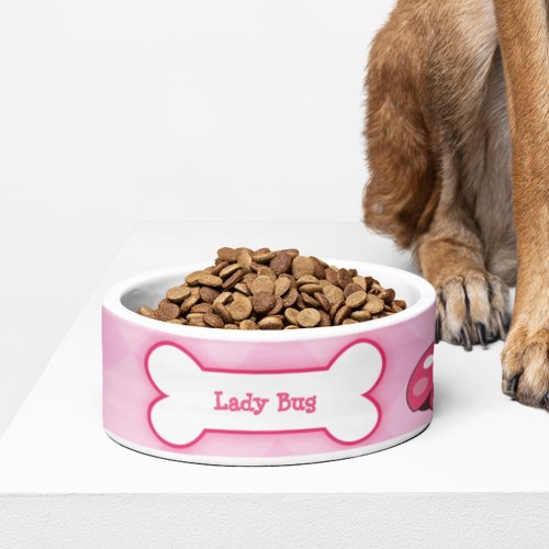 Ladybug Garden Dog Bone Dog Dish _ Light Pink