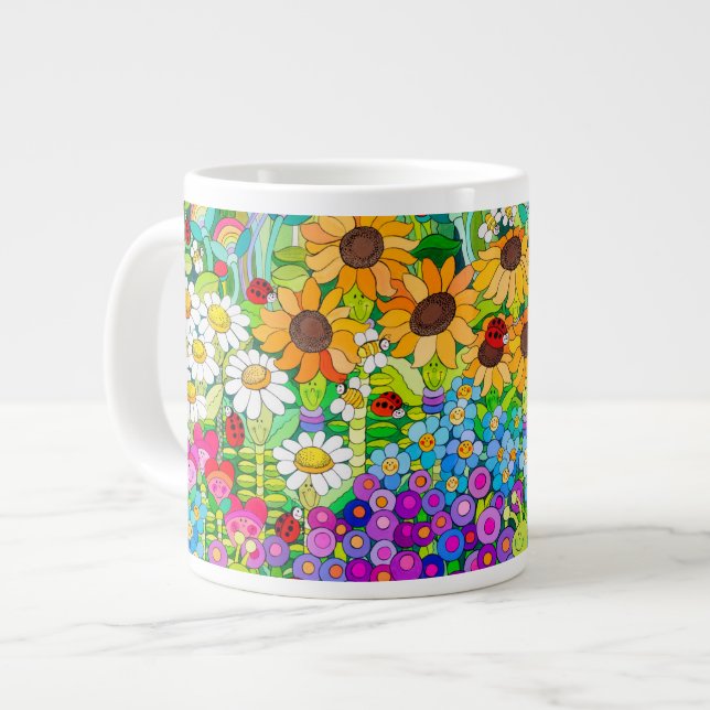 Ladybug Garden Flowers Giant Coffee Mug (Front Left)
