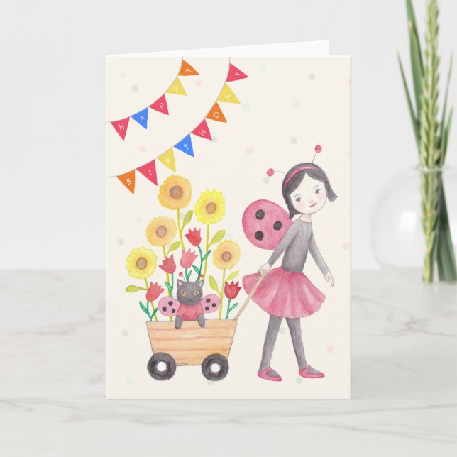 Ladybug Girl & Cat Sunflowers Cute Birthday Card (Front)