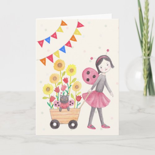 Ladybug Girl  Cat Sunflowers Cute Birthday Card