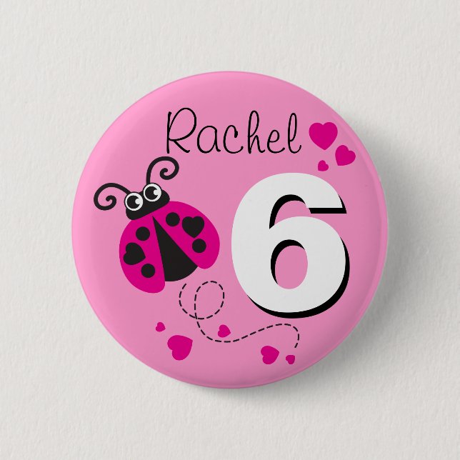 Ladybug girls 6th birthday name pink button (Front)