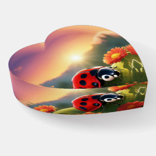 Ladybug Glass Heart Paperweight