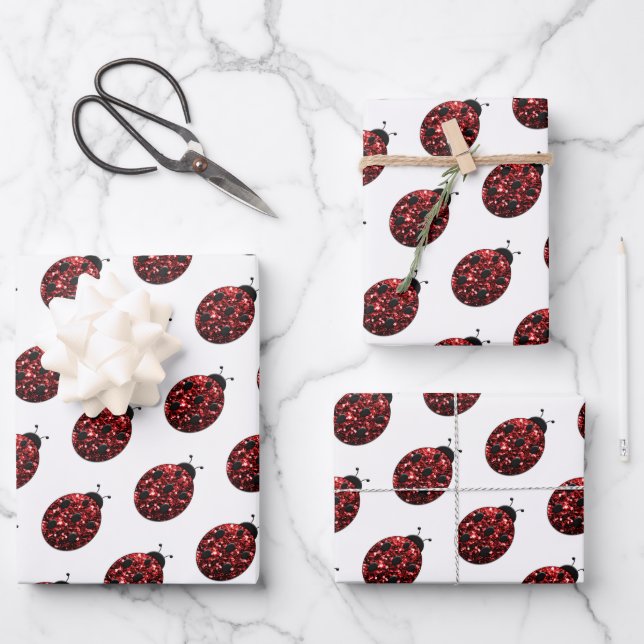 Ladybug glitter sparkles red pattern on white Gift Wrapping Paper Sheets (Front)