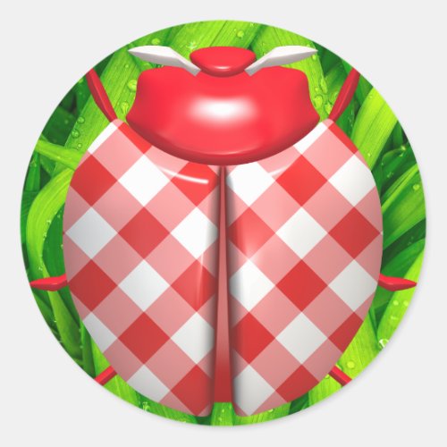 Ladybug grass gingham check cute red white green classic round sticker