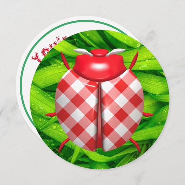 Ladybug grass gingham check cute red white green  invitation (Front/Back)