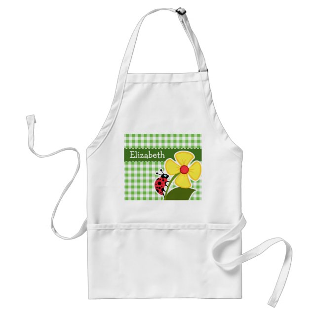 Ladybug; Green Checkered; Gingham Adult Apron (Front)