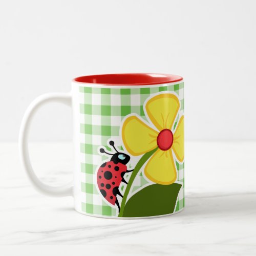 Ladybug Green Checkered Gingham Two_Tone Coffee Mug
