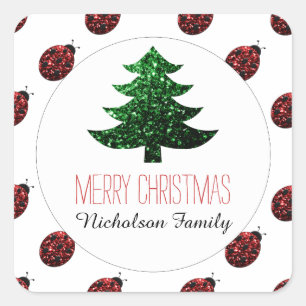 Ladybug + Green Christmas tree sparkles Gift Tag