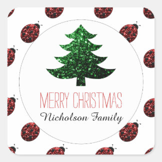 Ladybug + Green Christmas tree sparkles Gift Tag