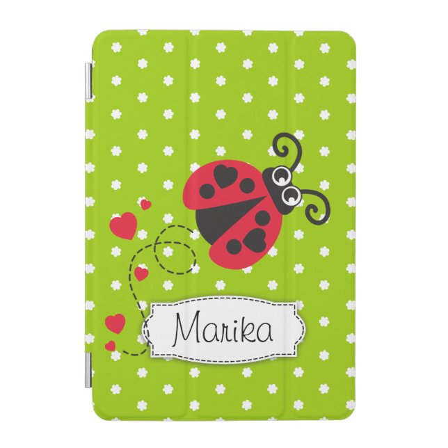 Ladybug green red polka flower art name ipad cover (Front)