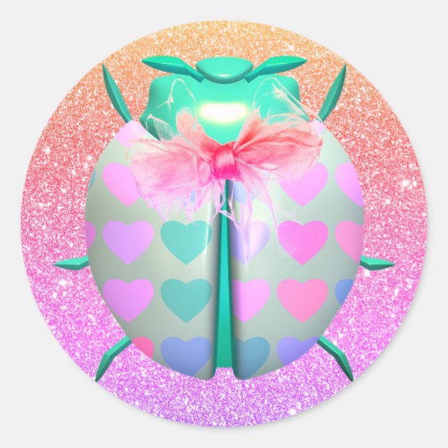 Ladybug heart cute glitter look pink ombre  classic round sticker (Front)