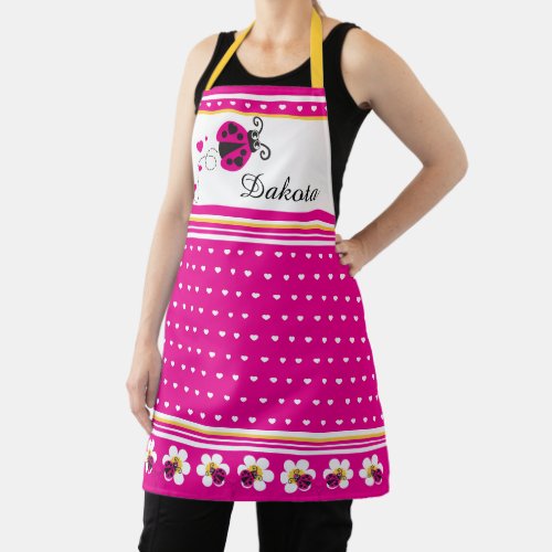 Ladybug heart dot and flowers pink white yellow apron