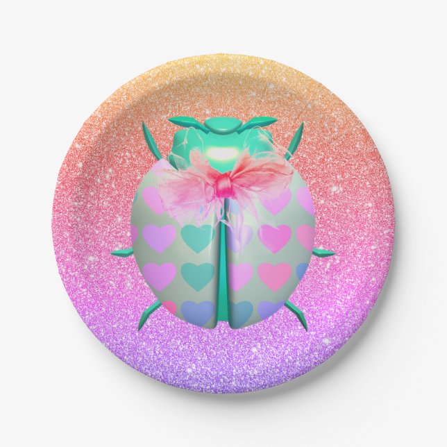 Ladybug heart pattern cute glitter gradient girly paper plates (Front)