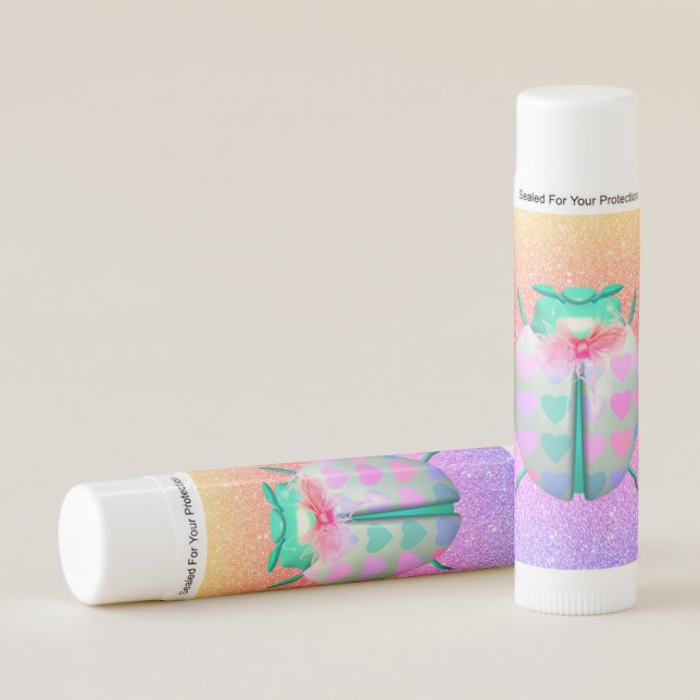 Ladybug hearts cute glitter look pink purple teal lip balm (Front)