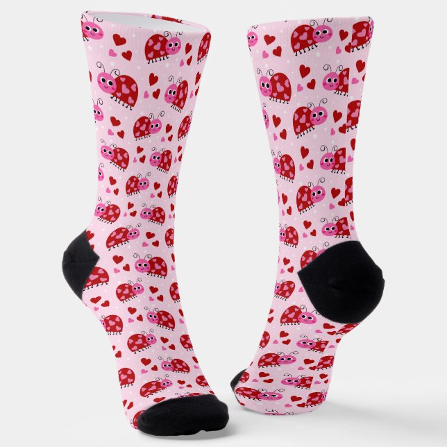 Ladybug Hearts Pattern Pink Socks (Angled)