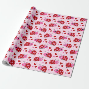 Ladybug Hearts Pattern Pink Wrapping Paper