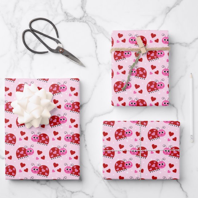 Ladybug Hearts Pattern Pink Wrapping Paper Sheets (Front)
