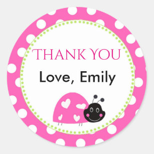 30-1.50 INCH PINK LADYBUG SEMI GLOSS THANK YOU STICKER LABELS DISCOUNTS!