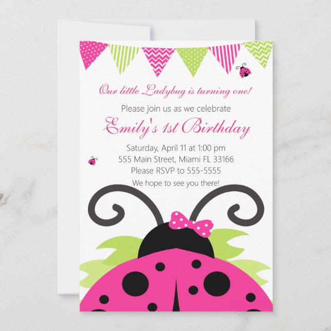 Ladybug Hot Pink Kids Birthday Party Invitation (Front)