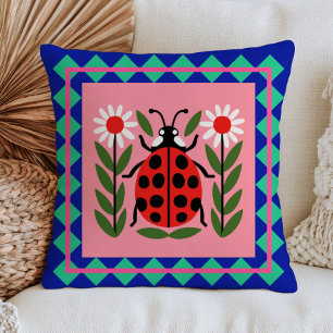 Ladybug Illustration Floral Bug Design Retro Throw Pillow