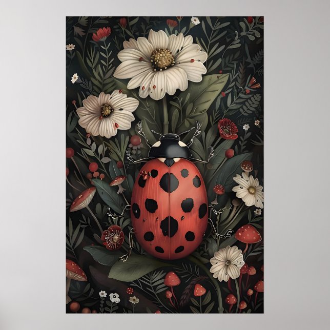 Ladybug In Dark Flower Garden Print, Moody Bug Poster (Front)