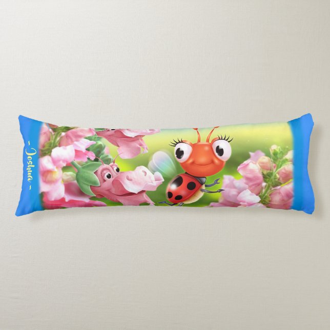 Ladybug in flower garden. Blue Giant custom Body Pillow (Front)